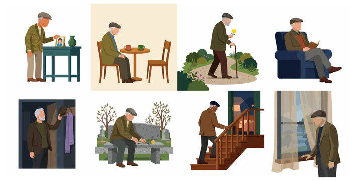 Flat illustration set of an elderly man experiencing loneliness and mourning his late wife in daily life scenes