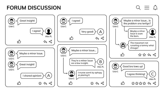 Wireframe design of an online forum discussion interface showing user comments and social interactions.
