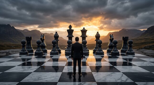 Business Strategy Concept with Chess Pieces on Outdoor Chessboard at Sunset