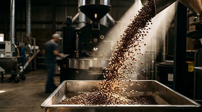 Freshly Roasted Coffee Beans Pouring into a Cooling Tray at a Roastery.