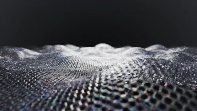 Abstract silver metallic mesh fabric undulating in waves against a black background. Fine wireframe grid pattern with reflective highlights, ripples, and shallow depth of field.