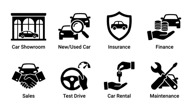 Set of 8 automotive service icons in flat blue style. Car sales, dealership, insurance, repair, maintenance, test drive, rental, finance. Vector illustration.