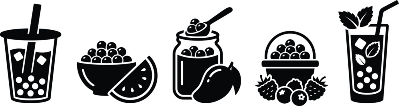 Black and white icons of bubble tea and fruit