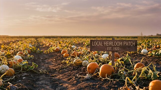 Golden hour illuminates a bountiful local heirloom pumpkin patch cultivating various gourds for seasonal harvest celebration
