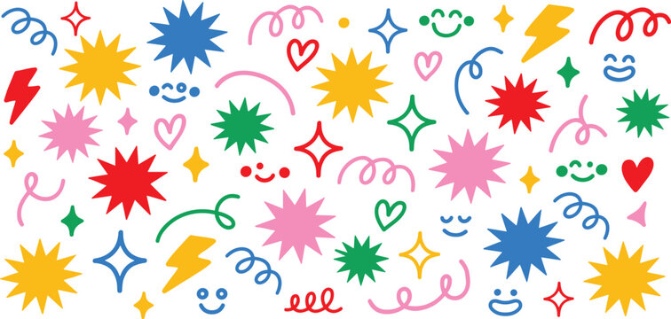 A vibrant and playful assortment of colorful handdrawn graphic elements including stars lightning bolts hearts smiley faces and curly lines scattered across a clean white background