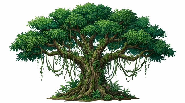 Tropical rainforest tree vector illustration with lush green foliage and roots in nature
