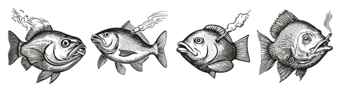 Quirky Illustrations of Fish with Unusual Expressions and Smoke, Logo Design, Hand drawing Engraving, Vector Illustration Isolated Object