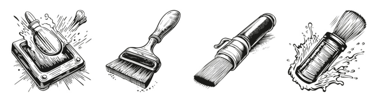 Vintage Illustration of Painting Tools Such as Brushes and Rollers, vector illustration, engraving design, logo design set, black and white line, template design element