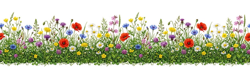Fototapeta premium Vibrant seamless border of diverse wildflowers and green grass in a natural meadow setting