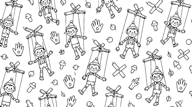 Whimsical Puppet Characters in Playful Pattern Design.