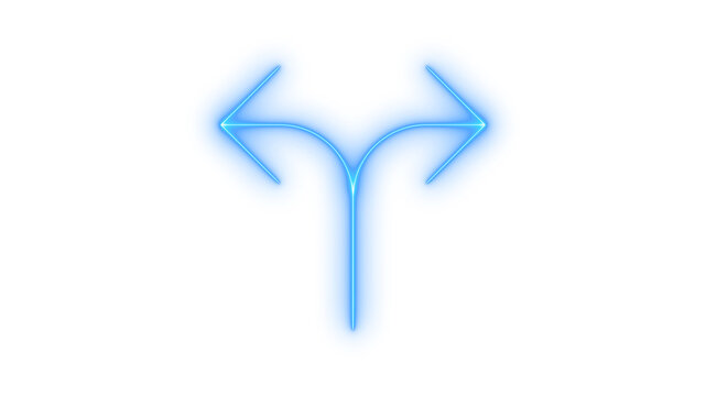 Glowing neon split arrow or direction icon isolated on transparent background. Double way pointer. Road choice. Navigation sign. Path decision. Directional fork.