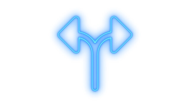 Glowing neon split arrow icon isolated on transparent background. Directional choice. Road fork. Navigation symbol. Left and right turns. Wayfinding