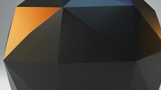 Dark polygonal sphere with vibrant orange and blue geometric facets on a clean white background