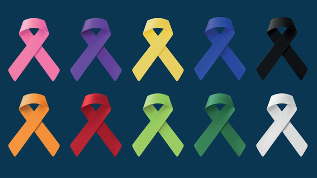 Vector image of colorful awareness ribbons on a dark background.