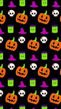 Spooky halloween pattern with skull, pumpkins, and bats on dark background