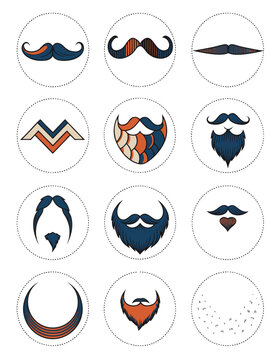 Mustache and Beard Silhouette Stamp Badges Flat Vector Illustration Vintage Barbershop Set with Handlebar Horseshoe Chevron and Goatee Facial Hair Isolated Collection for Marketing Packaging and Prese