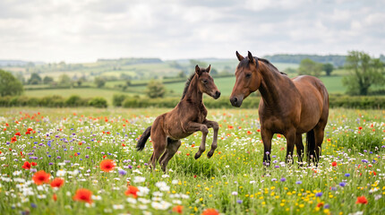 Playful foal rearing up next to mare in colorful wildflower meadow © Elvira