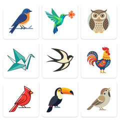 Obraz premium A grid of nine colorful and diverse bird illustrations, including a bluebird, hummingbird, owl, origami crane, swallow, rooster, cardinal, toucan, and sparrow.