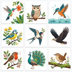 A vibrant grid of nine distinct bird illustrations, showcasing various species like a hummingbird, owl, kingfisher, tit, swallow, eagle, robin, peacock, and wren in their natural habitats. © Insan