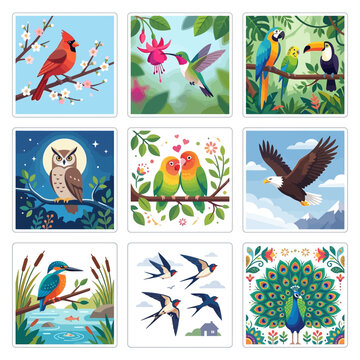A vibrant collection of nine diverse bird illustrations, showcasing various species like cardinals, hummingbirds, eagles, owls, and peacocks in their natural habitats and stylized settings.