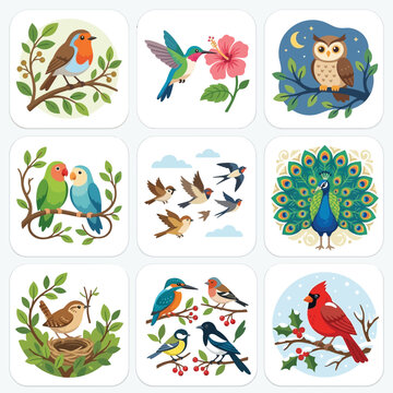 A collection of nine vibrant illustrations showcasing various bird species in their natural habitats, including robins, hummingbirds, owls, lovebirds, peacocks, and cardinals.