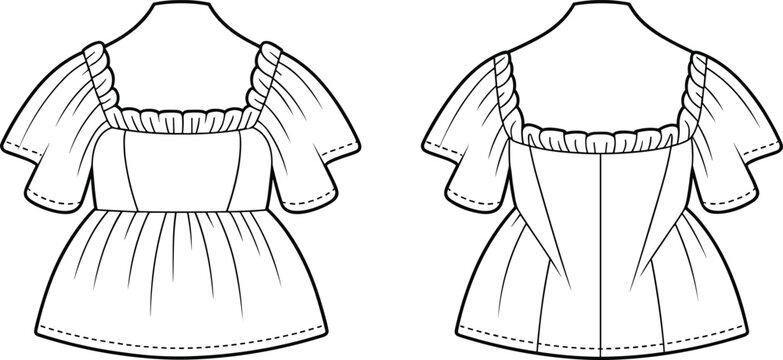Flat vector puff sleeve blouse fashion sketch square neckline gathered bodice illustration