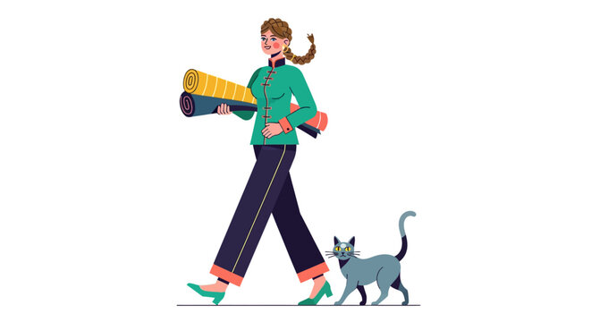 Woman walking with cat and sandwich illustration.