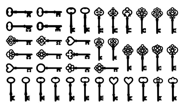Antique Skeleton Key Icon Collection Black Vintage Lock Keys Vector Isolated on White