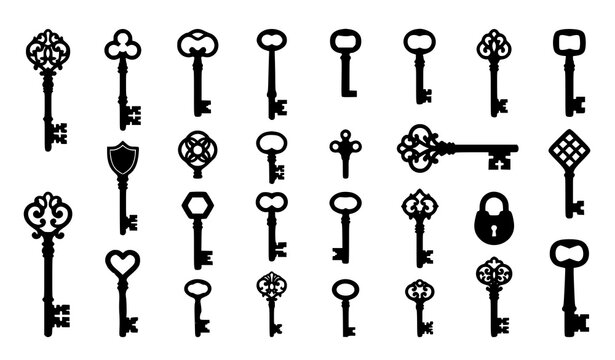 Vintage Black Door Key Silhouette Set with Antique Skeleton Keys Isolated on White Background
