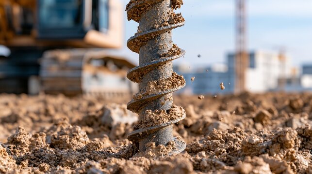 Screw pile drilling into wet soil for construction support at a building site with heavy machinery operating nearby