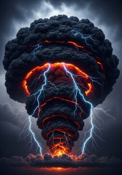 Intense black smoke forming a massive thunderhead with dense layered billows, creating a dramatic contrast against a dark, stormy sky, vortex, texture, turbulence