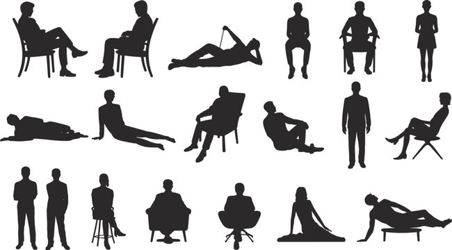 People silhouettes collection sitting standing lying relaxed poses indoor lifestyle flat vector