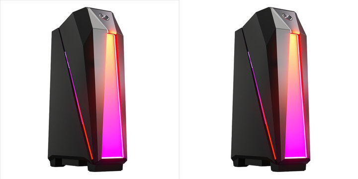 Modern black gaming pc tower with vibrant rgb lighting isolated on transparent background