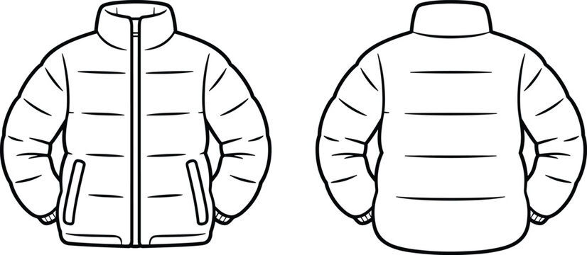 Puffer jacket technical sketch quilted fashion outerwear front back view flat vector