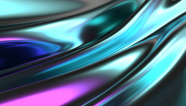 Abstract futuristic cyber background with glossy cyan and magenta light streaks, dark metallic curves and smooth tech gradient for digital design.