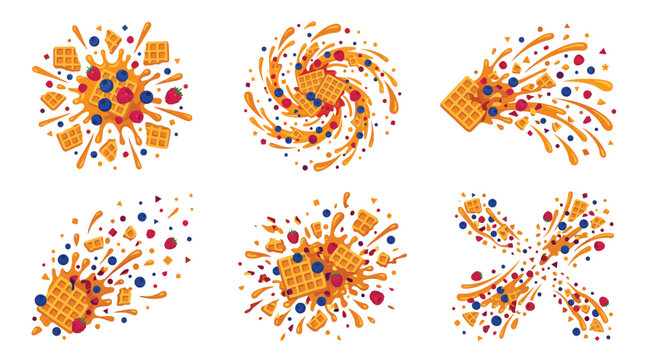 Dynamic waffle and berry explosion set with golden honey splashes and geometric food particles
