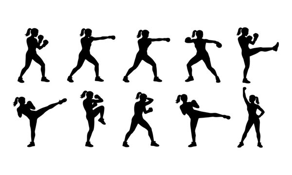 Kickboxing and boxercise workout silhouette set
