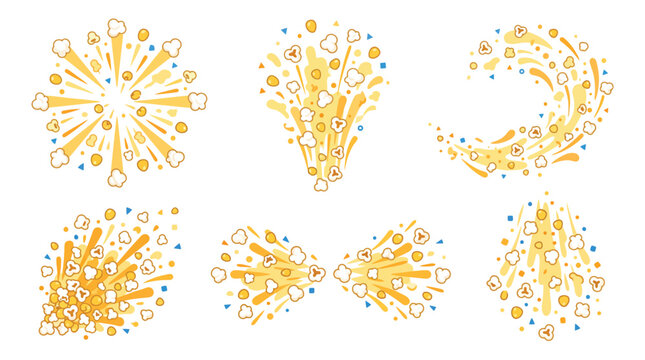 Dynamic popcorn explosion vector set with buttered kernels and comic style motion particles
