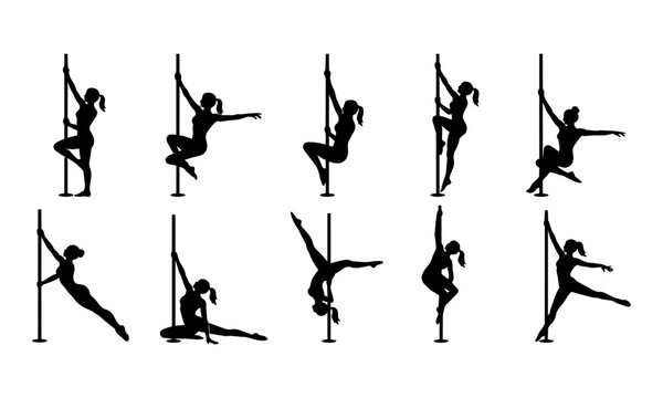Pole fitness and pole dance silhouette vector set