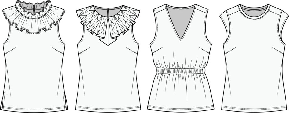 Fashion technical sketch of women sleeveless tops set vector fashion flat sketch template
