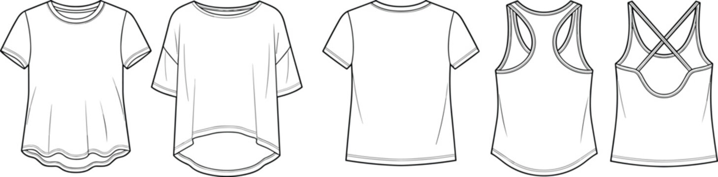 Women activewear t shirt and tank top fashion technical flat sketch vector template