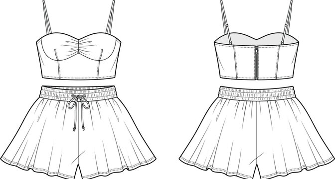 Women fashion technical flat sketch template of bustier crop top and drawstring shorts vector