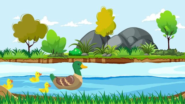 spring landscape with trees and grass with beautiful lake scene vector art video 
