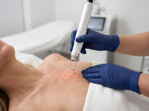 Fractionated CO2 laser skin resurfacing procedure on woman's chest decollete