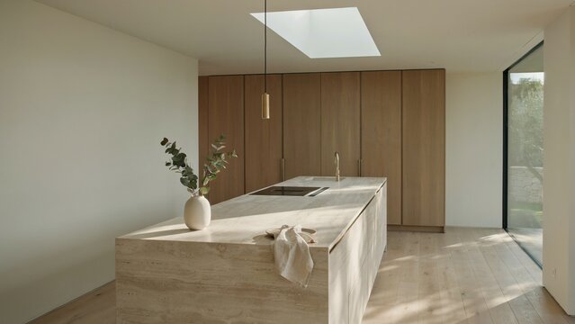 Kitchen island made of light wood stands in a bright room featuring a skylight and elegant minimalist cabinetry.