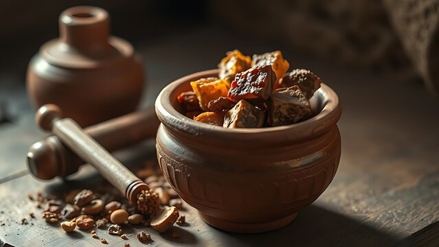 Ancient terracotta pot containing resin pieces with grinding tools, warm lighting.