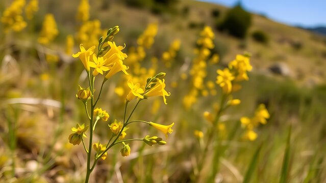 Yellow astragalus flowers sway on a sunny hillside, captured in a gentle breeze.