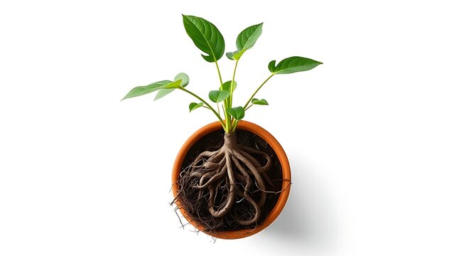 A root-bound plant in a terracotta pot, roots circling inside, top-down view.