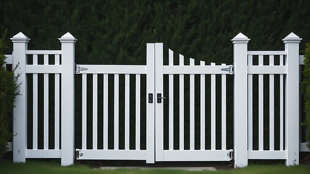 White garden gate in front of a tall, dense privet hedge.