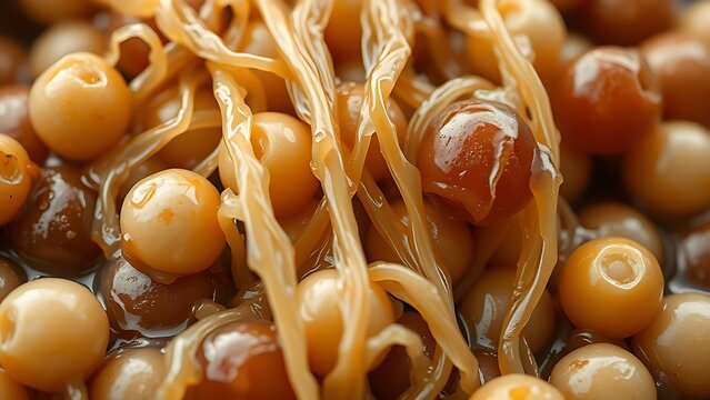 Extreme close-up of fermented soybeans with glossy, stringy mucus coating.